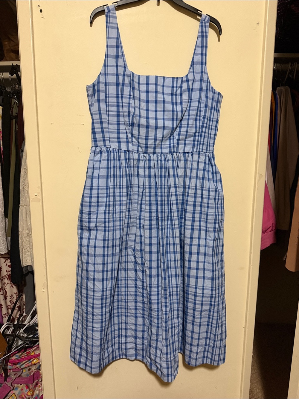 Light Blue Plaid Midi Sundress with Square Neck